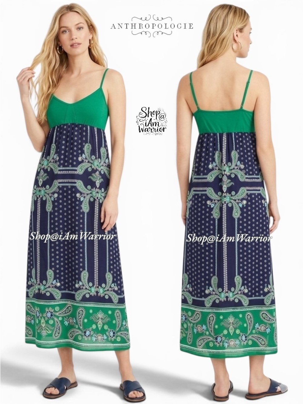 Anthropologie Lilka silk navy/green paisley midi dress *shop@iamwarrior